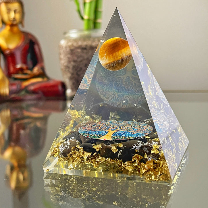 Tiger Eye Tree of Life Orgone Pyramid