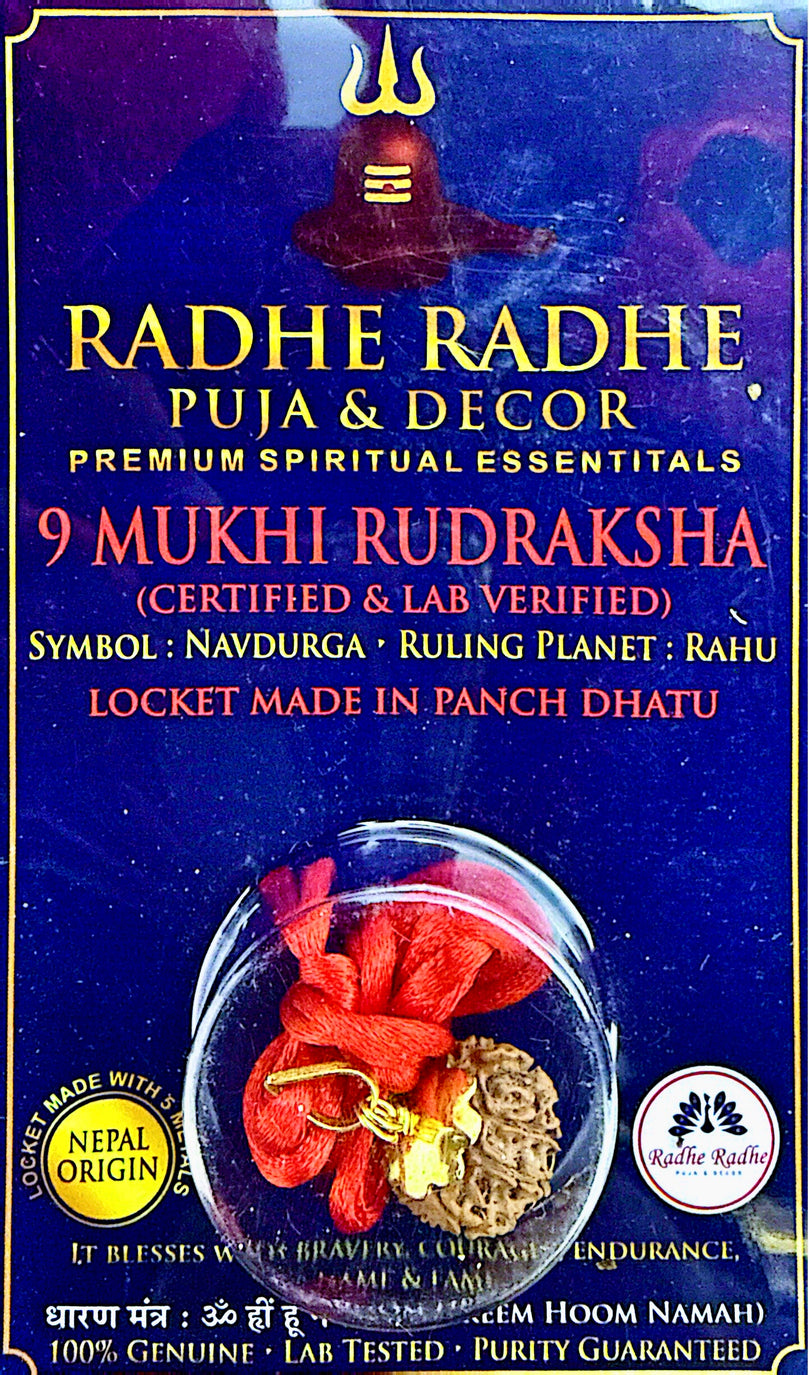 9 Mukhi Rudraksha Pendant (Nepal Origin, Lab Certified) – Shri Durga Maa (Navdurga) Rudraksha in Panch Dhatu | Strength, Protection & Rahu Dosha Relief