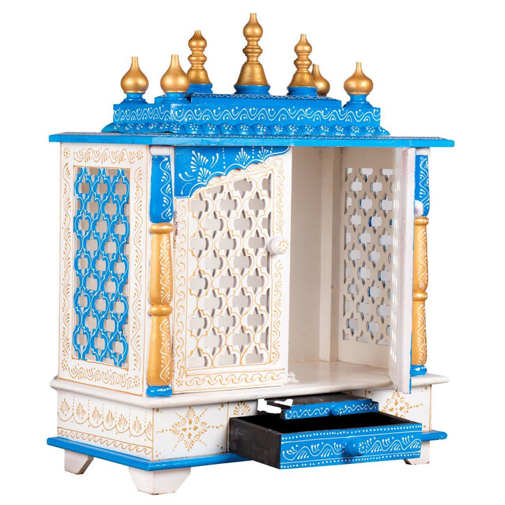 18”x12”x24” Blue, White, and Gold Wooden Mandir with Double Doors, Storage Drawer, and Pull-Out Tray