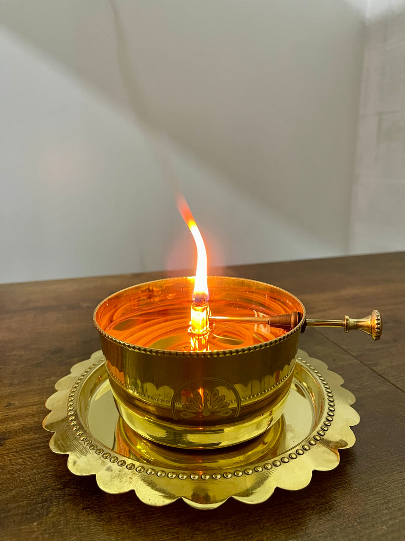 Akhand Joyt Brass Diya With Wick Lifting Screw Lever for Long Lasting Flame (Wick Included)