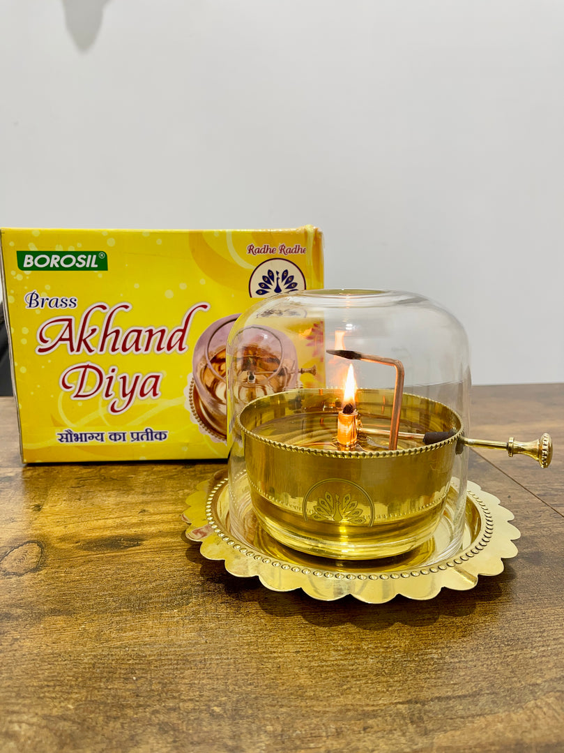 Akhand Joyt Brass Diya With Wick Lifting Screw Lever for Long Lasting Flame (Wick Included)