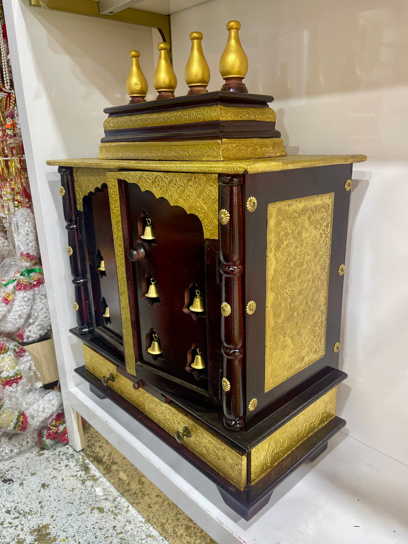 24”x12”x30” Brown polished with Brass Fittings Lattu Temple with Double Doors and Hanging Bell Ornaments with Pull out Tray and Duel Storage Drawer (Copy)