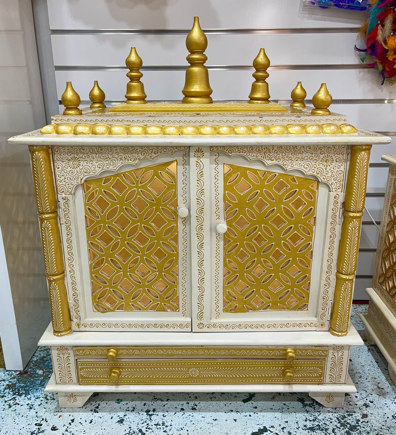 30"x18"x36" LED White and Gold Wooden Mandir, Double Drawer, and Extra Large Pull-Out Tray