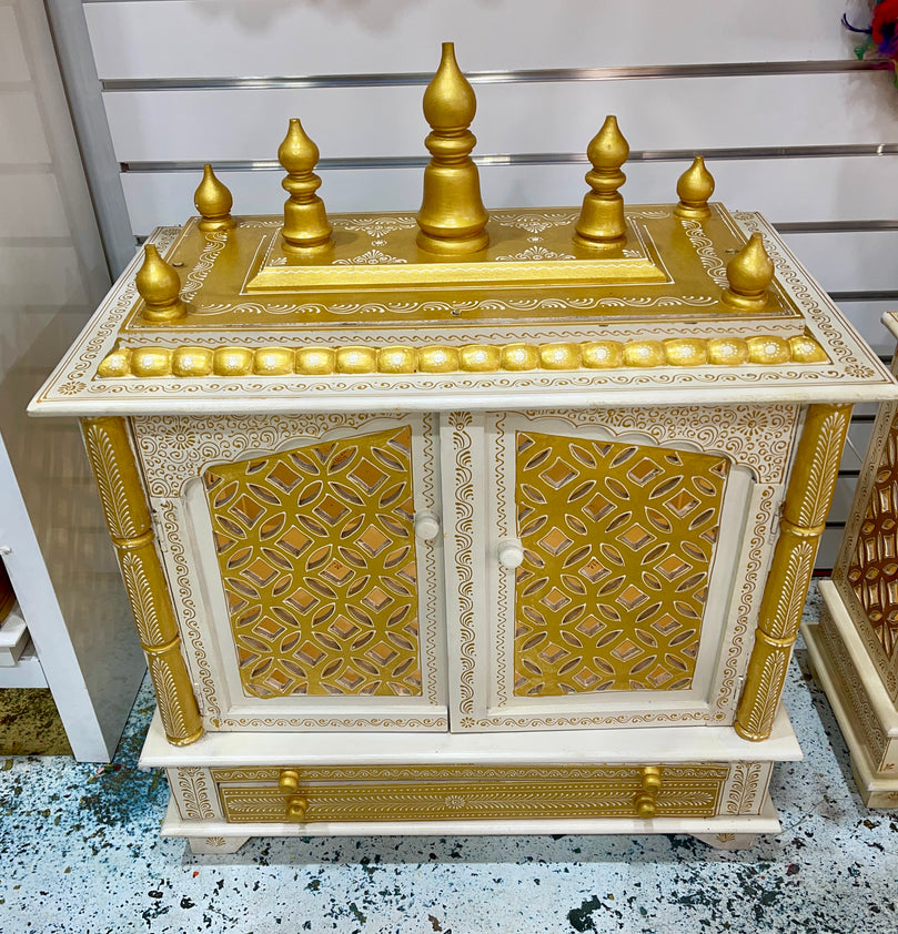 30”x18”x36” White and Gold Wooden Mandir with LED Lights, Double Drawer, and Pull-Out Tray