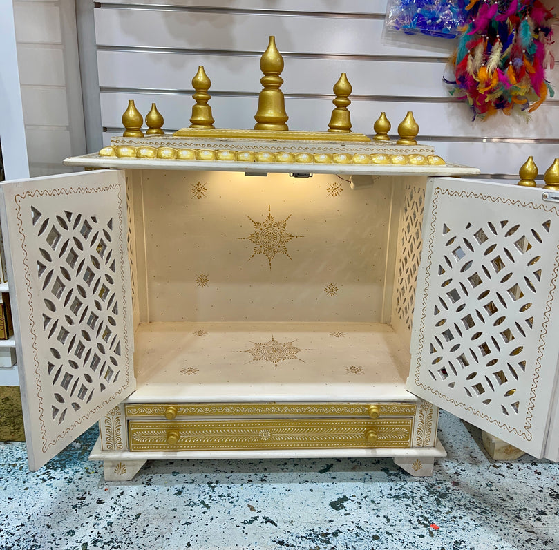 30"x18"x36" LED White and Gold Wooden Mandir, Double Drawer, and Extra Large Pull-Out Tray