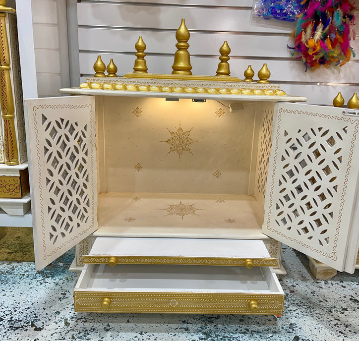 30"x18"x36" LED White and Gold Wooden Mandir, Double Drawer, and Extra Large Pull-Out Tray