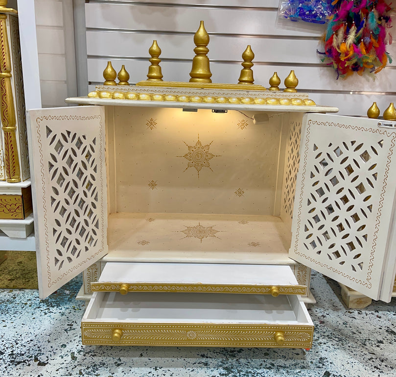 30”x18”x36” White and Gold Wooden Mandir with LED Lights, Double Drawer, and Pull-Out Tray