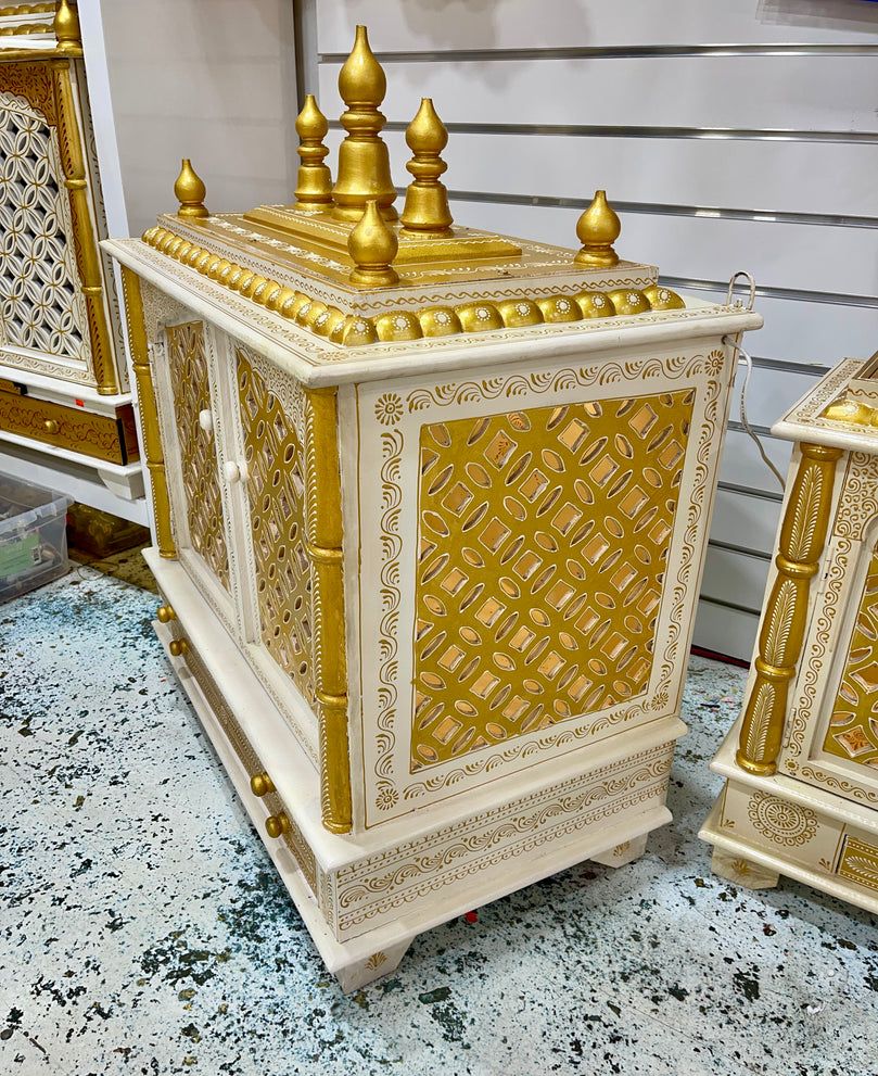 30"x18"x36" LED White and Gold Wooden Mandir, Double Drawer, and Extra Large Pull-Out Tray