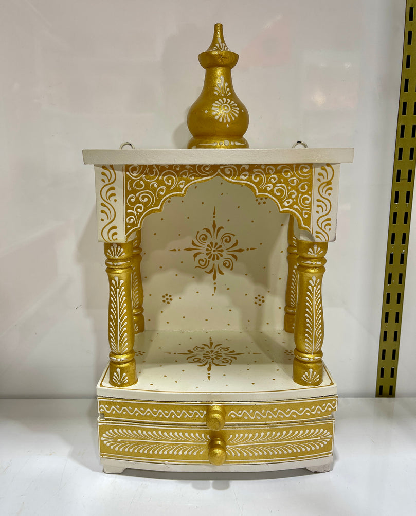 9”x6”x16” Compact White and Gold Wooden Mandir Altar Without Doors, Storage Drawer, and Pull-Out Tray for Daily Pooja