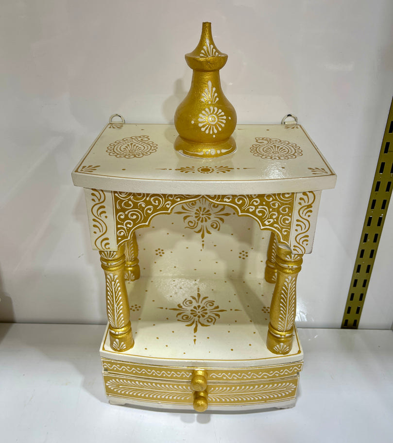 9”x6”x16” Compact White and Gold Wooden Mandir Altar Without Doors, Storage Drawer, and Pull-Out Tray for Daily Pooja