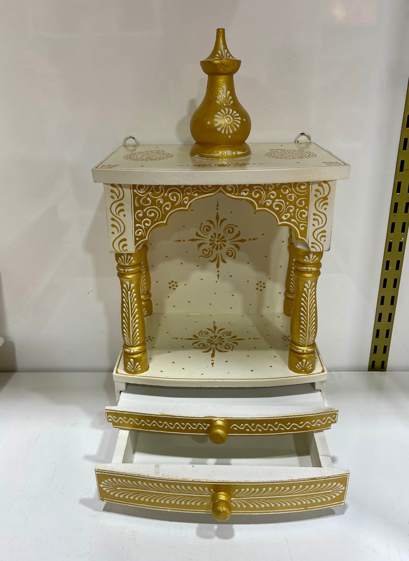 9”x6”x16” Compact White and Gold Wooden Mandir Altar Without Doors, Storage Drawer, and Pull-Out Tray for Daily Pooja