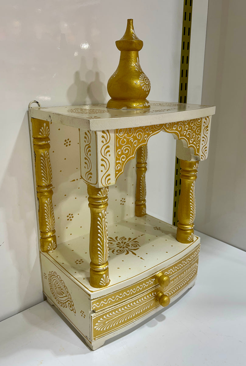 9”x6”x16” Compact White and Gold Wooden Mandir Altar Without Doors, Storage Drawer, and Pull-Out Tray for Daily Pooja