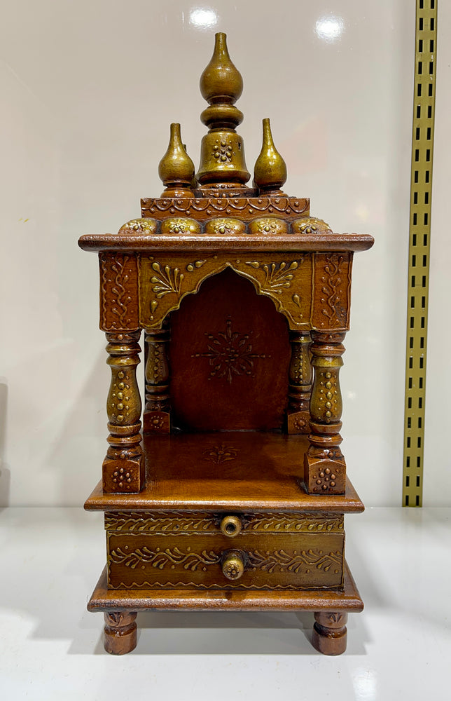 8”x8”x18” Brown Wooden Mandir with Pull-Out Tray, Storage Drawer, and Wall-Mount Hooks