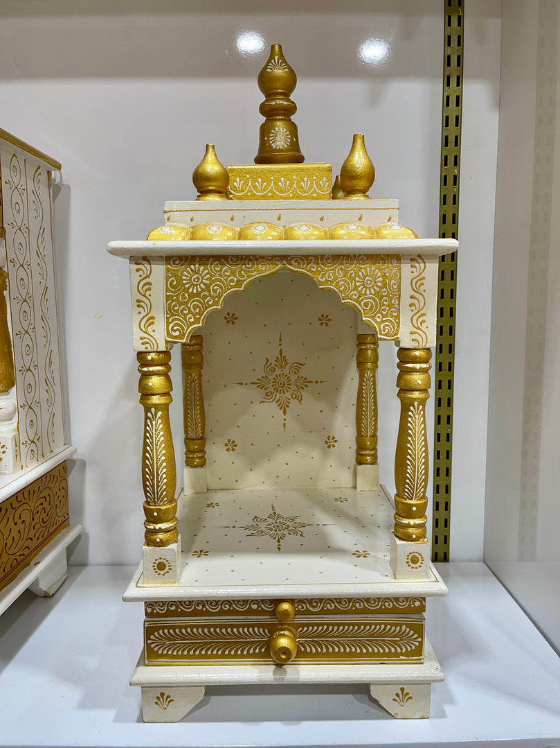 11”x11”x24” White and Gold Wooden Mandir with Drawer, Hanging Hooks, and Intricate Handcrafted Design