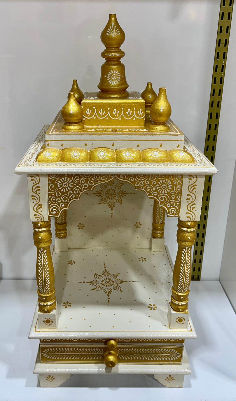 11”x11”x24” White and Gold Wooden Mandir with Drawer, Hanging Hooks, and Intricate Handcrafted Design