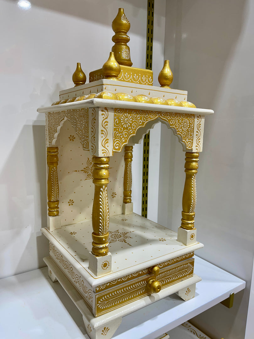 11”x11”x24” White and Gold Wooden Mandir with Drawer, Hanging Hooks, and Intricate Handcrafted Design