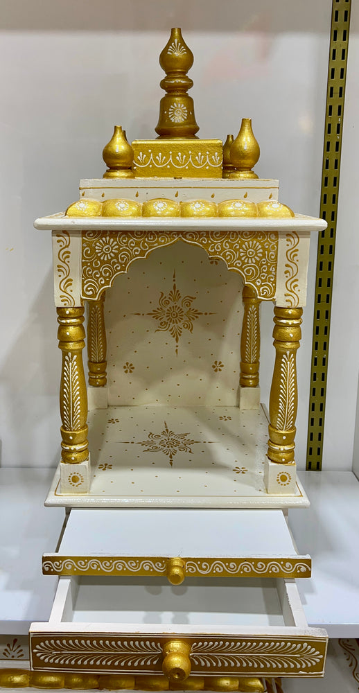 11”x11”x24” White and Gold Wooden Mandir with Drawer, Hanging Hooks, and Intricate Handcrafted Design