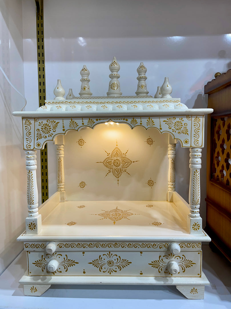 18”x12”x24 - White & Gold Wooden Mandir with LED Light (No Doors) – Extra Large Tray & Double-Sized Drawer