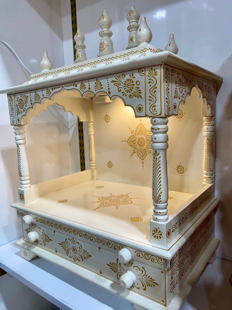 18”x12”x24 - White & Gold Wooden Mandir with LED Light (No Doors) – Extra Large Tray & Double-Sized Drawer