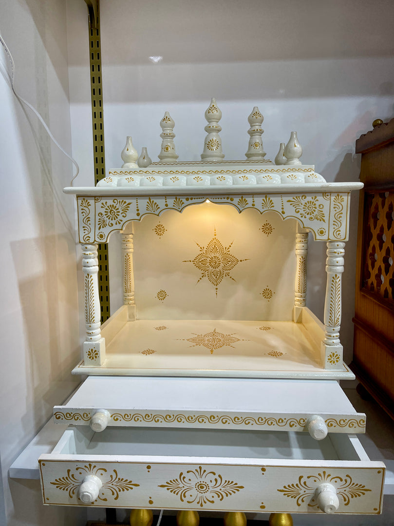 18”x12”x24 - White & Gold Wooden Mandir with LED Light (No Doors) – Extra Large Tray & Double-Sized Drawer