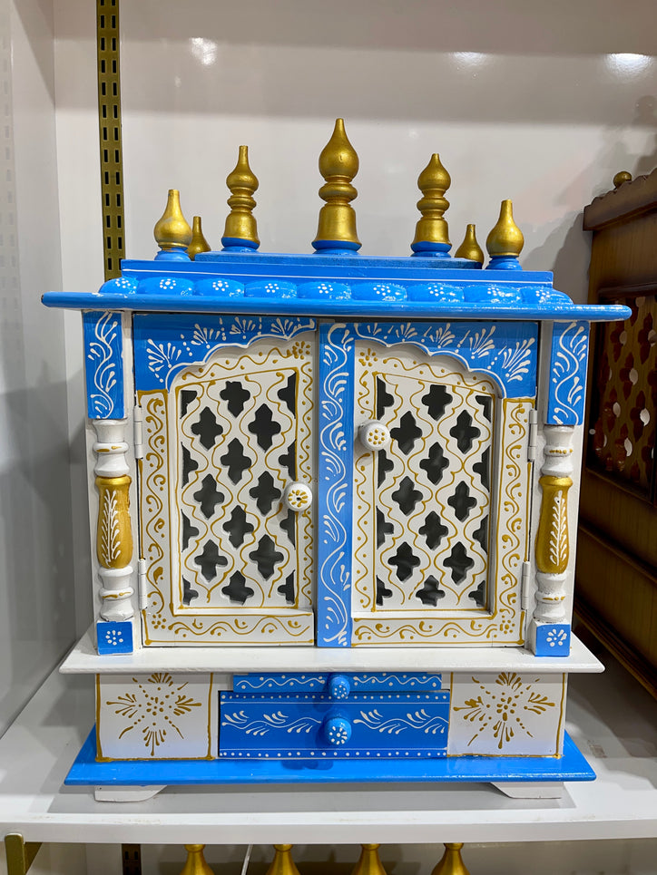 18”x12”x24” Blue, White, and Gold Wooden Mandir with Double Doors, Storage Drawer, and Pull-Out Tray