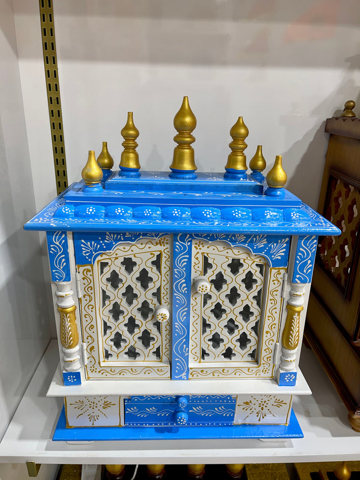 18”x12”x24” Blue, White, and Gold Wooden Mandir with Double Doors, Storage Drawer, and Pull-Out Tray