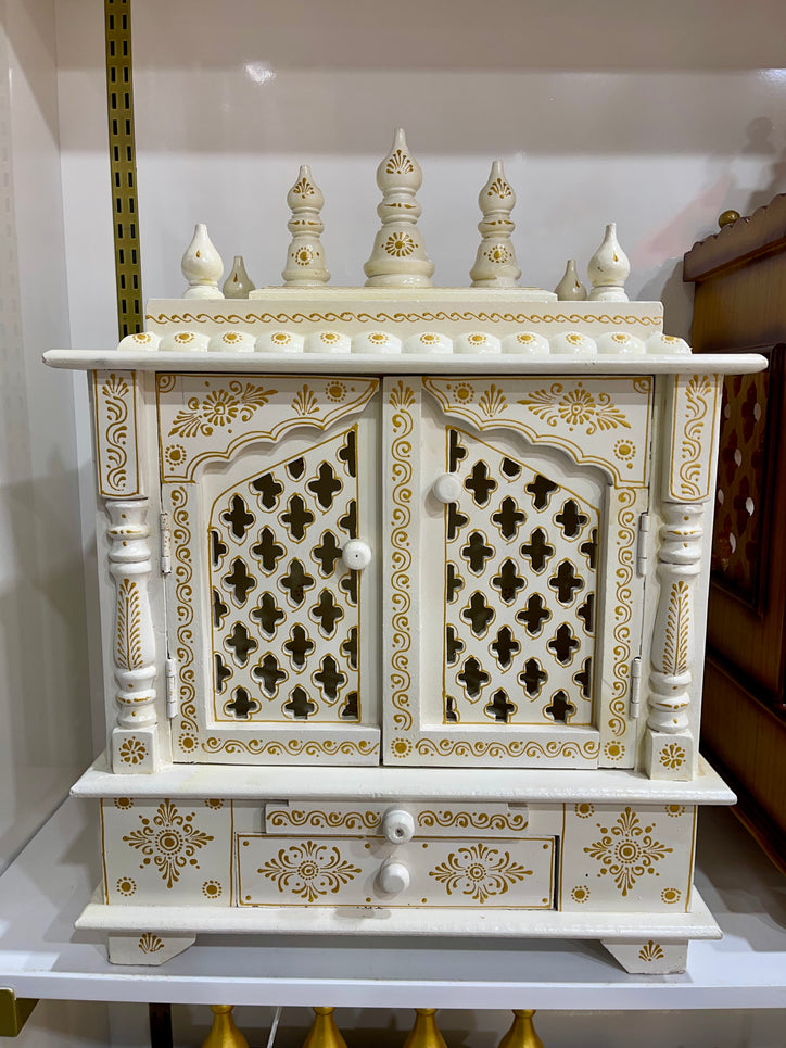 18”x12”x24” White Wooden Mandir with Gold Accents, Double Doors, Storage Drawer, and Extra Large Pull-Out Tray