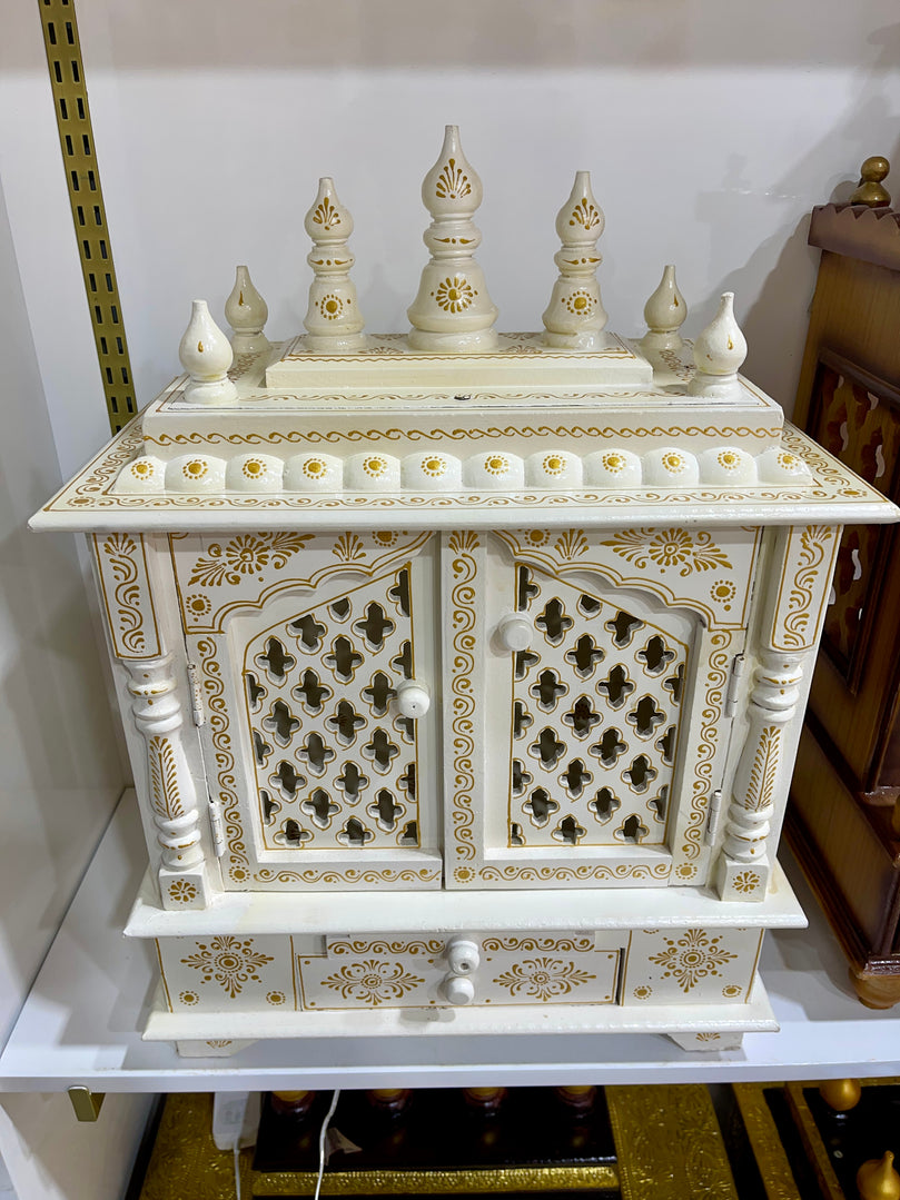 18”x12”x24” White Wooden Mandir with Gold Accents, Double Doors, Storage Drawer, and Extra Large Pull-Out Tray