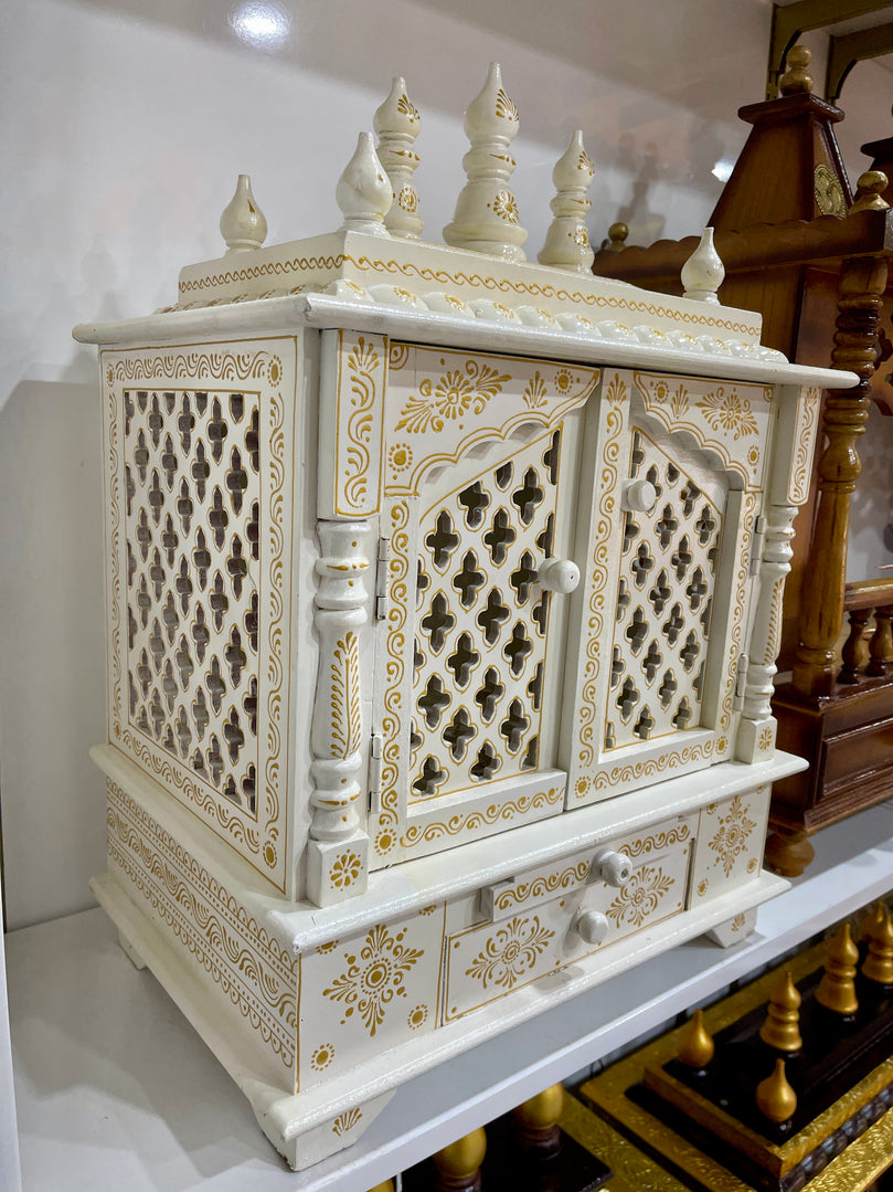 18”x12”x24” White Wooden Mandir with Gold Accents, Double Doors, Storage Drawer, and Extra Large Pull-Out Tray