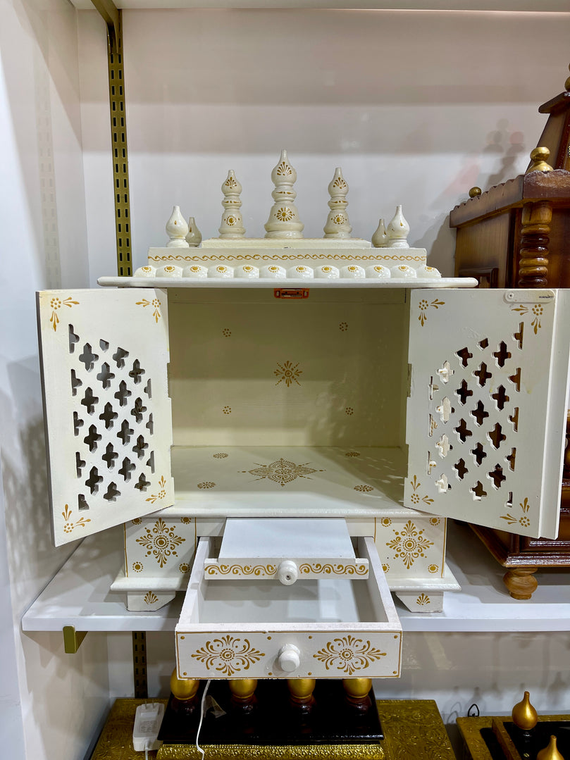 18”x12”x24” White Wooden Mandir with Gold Accents, Double Doors, Storage Drawer, and Extra Large Pull-Out Tray