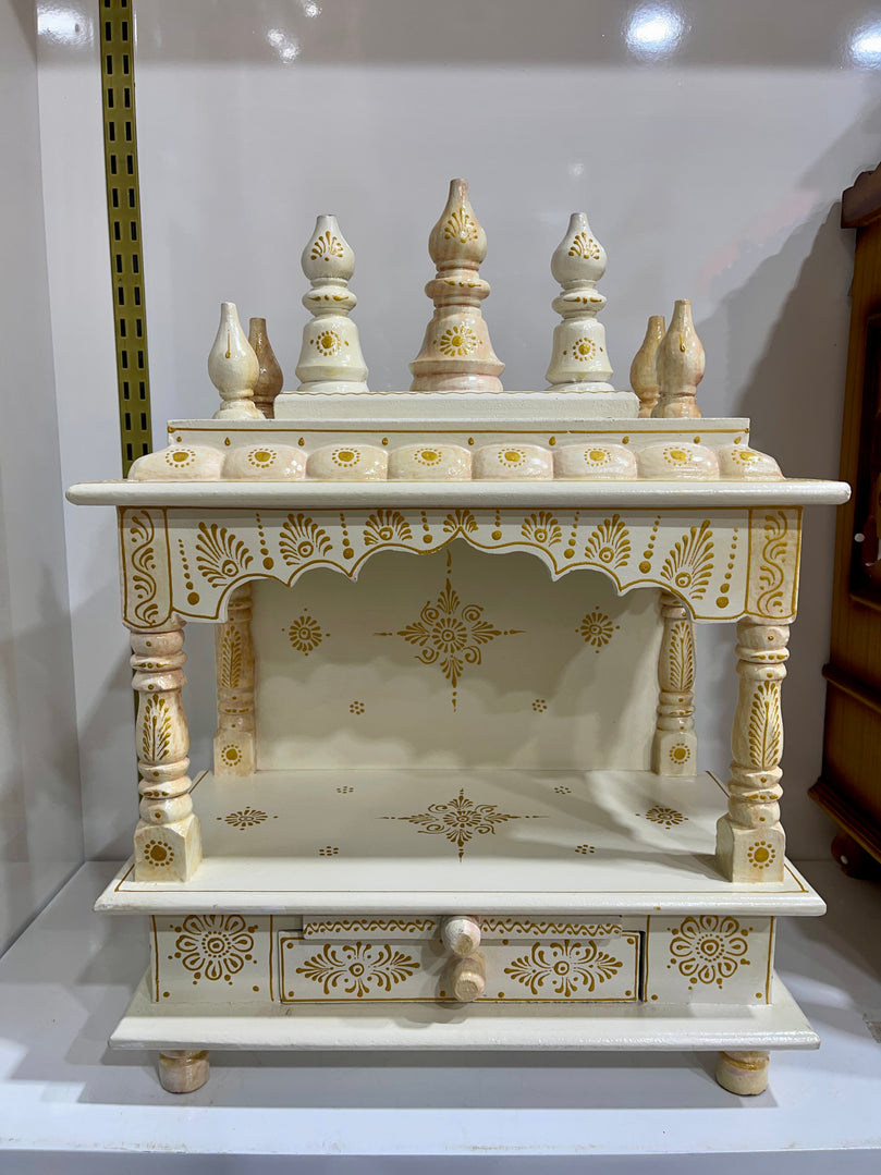 15”x8”x18” White Wooden Mandir with Gold Accents Altar Without Doors, Storage Drawer, and Pull-Out Tray for Daily Pooja