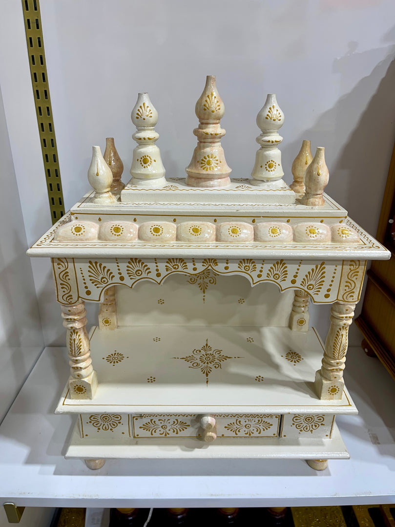 15”x8”x18” White Wooden Mandir with Gold Accents Altar Without Doors, Storage Drawer, and Pull-Out Tray for Daily Pooja