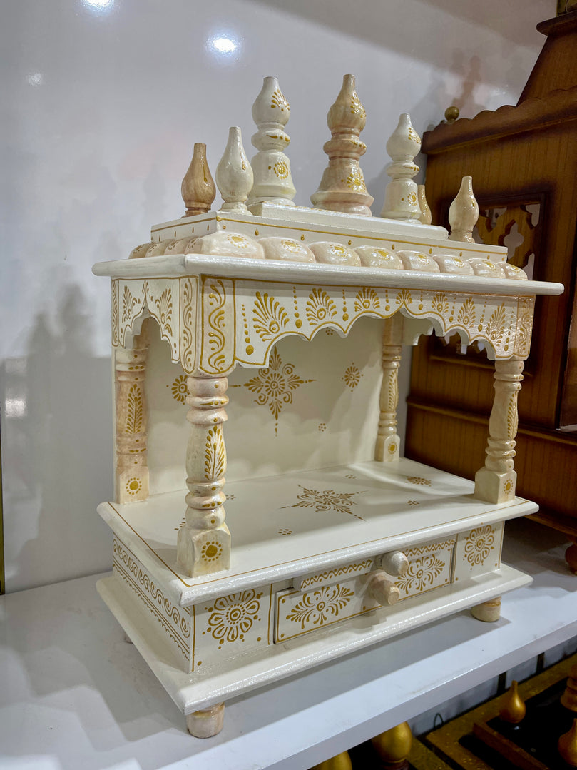 15”x8”x18” White Wooden Mandir with Gold Accents Altar Without Doors, Storage Drawer, and Pull-Out Tray for Daily Pooja