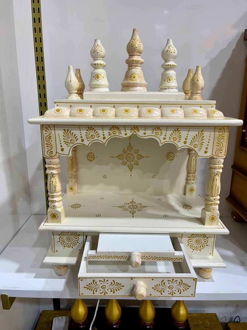 15”x8”x18” White Wooden Mandir with Gold Accents Altar Without Doors, Storage Drawer, and Pull-Out Tray for Daily Pooja