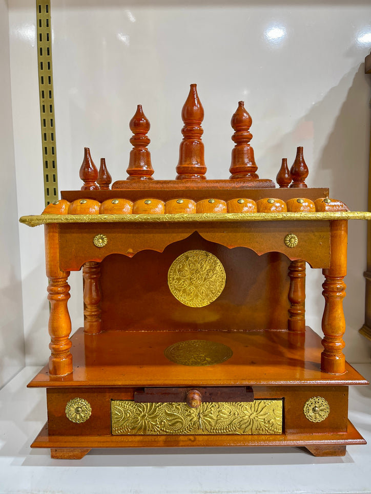 15”x8”x18” Brown Wooden Mandir with Gold Foil Accents with Drawer and Pull-Out Tray