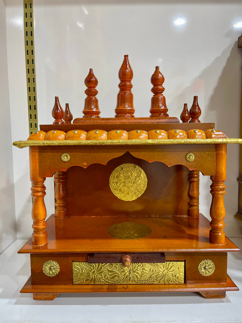 15”x8”x18” Brown Wooden Mandir with Gold Foil Accents with Drawer and Pull-Out Tray