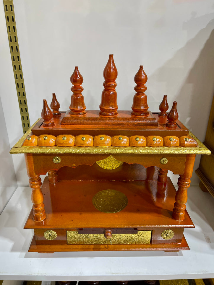 15”x8”x18” Brown Wooden Mandir with Gold Foil Accents with Drawer and Pull-Out Tray