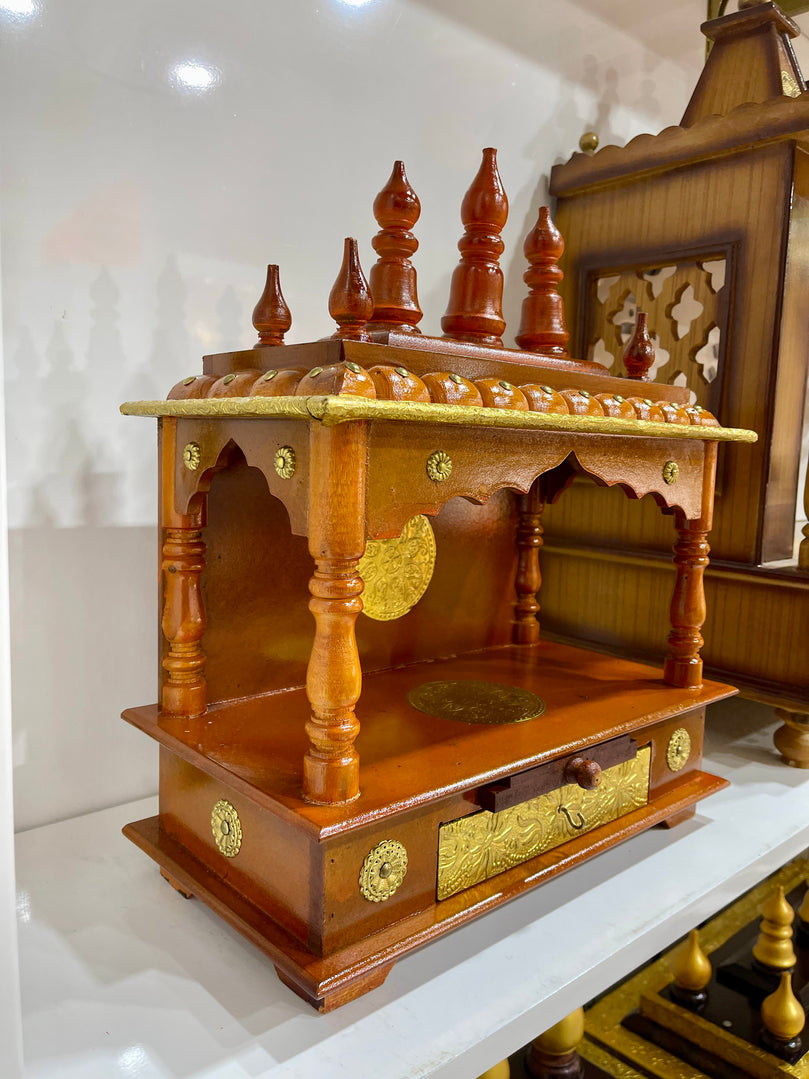 15”x8”x18” Brown Wooden Mandir with Gold Foil Accents with Drawer and Pull-Out Tray