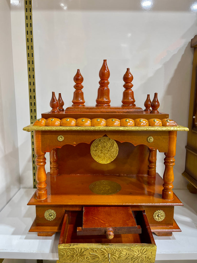 15”x8”x18” Brown Wooden Mandir with Gold Foil Accents with Drawer and Pull-Out Tray