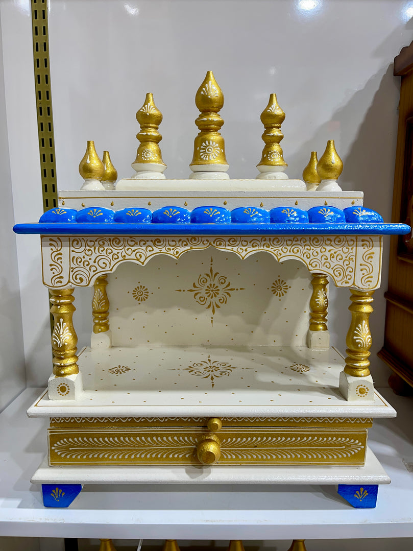 15”x8”x18” Blue, White and Gold Wooden Mandir with Storage Drawer and Pull-Out Tray for Daily Pooja