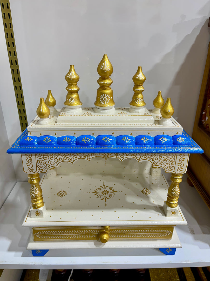 15”x8”x18” Blue, White and Gold Wooden Mandir with Storage Drawer and Pull-Out Tray for Daily Pooja