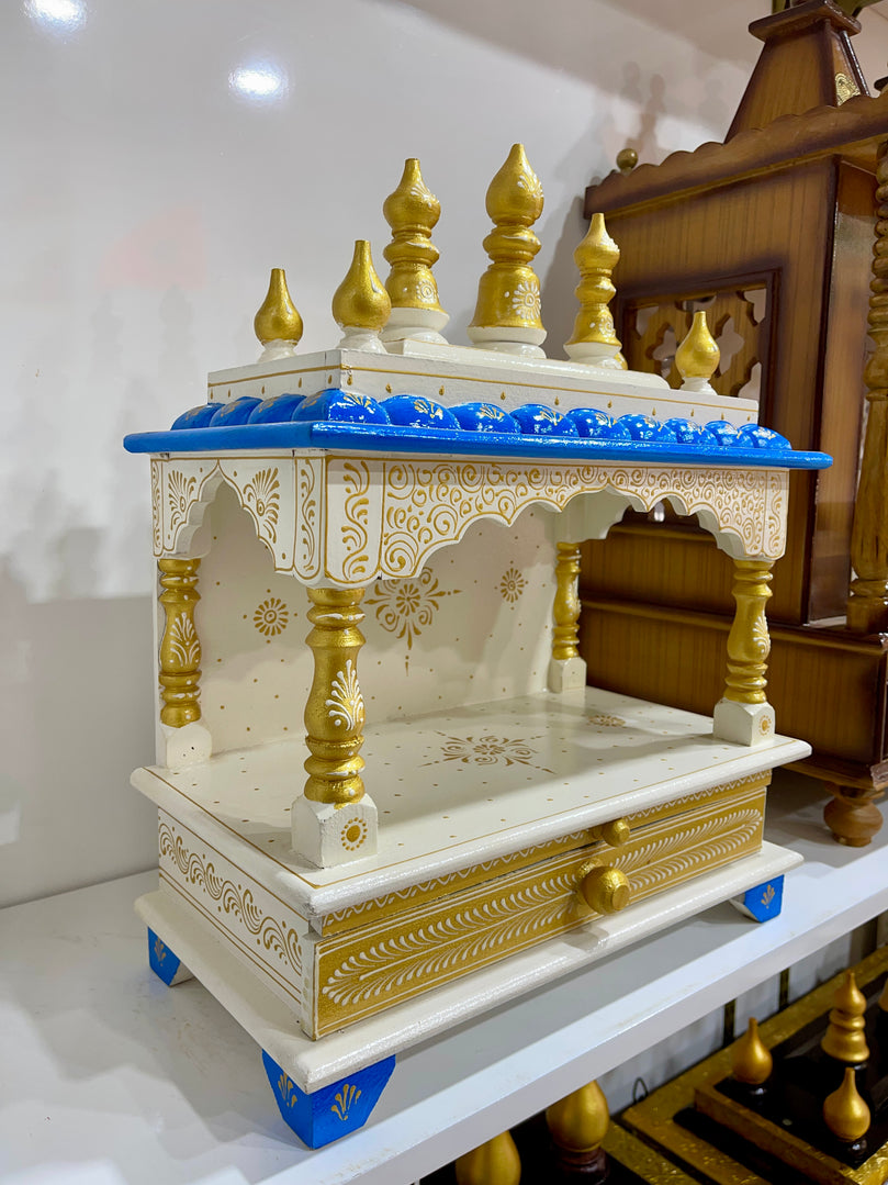 15”x8”x18” Blue, White and Gold Wooden Mandir with Storage Drawer and Pull-Out Tray for Daily Pooja