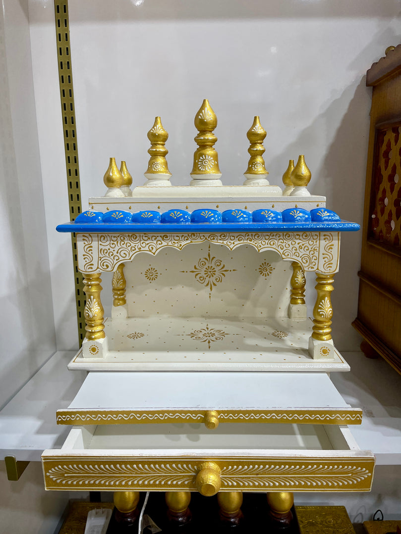 15”x8”x18” Blue, White and Gold Wooden Mandir with Storage Drawer and Pull-Out Tray for Daily Pooja