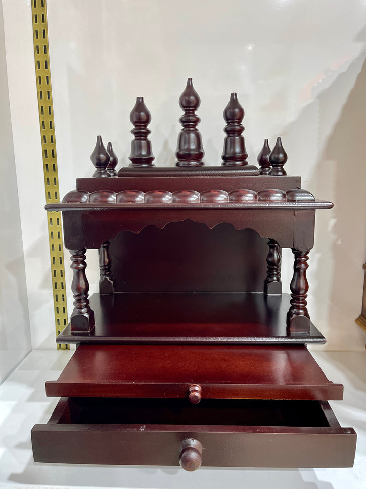 15”x8”x18” Brown Wooden Mandir Altar Without Doors, Large Storage Drawer, and Extra Long Pull-Out Tray for Daily Pooja