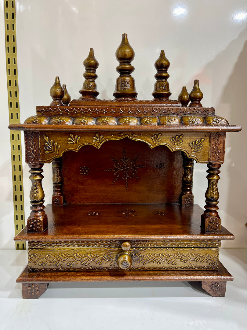 15"x8"x18" - Brown Wooden Mandir Temple Altar with Pull-Out Diya Tray, Storage Drawer & Wall Hanging Hooks