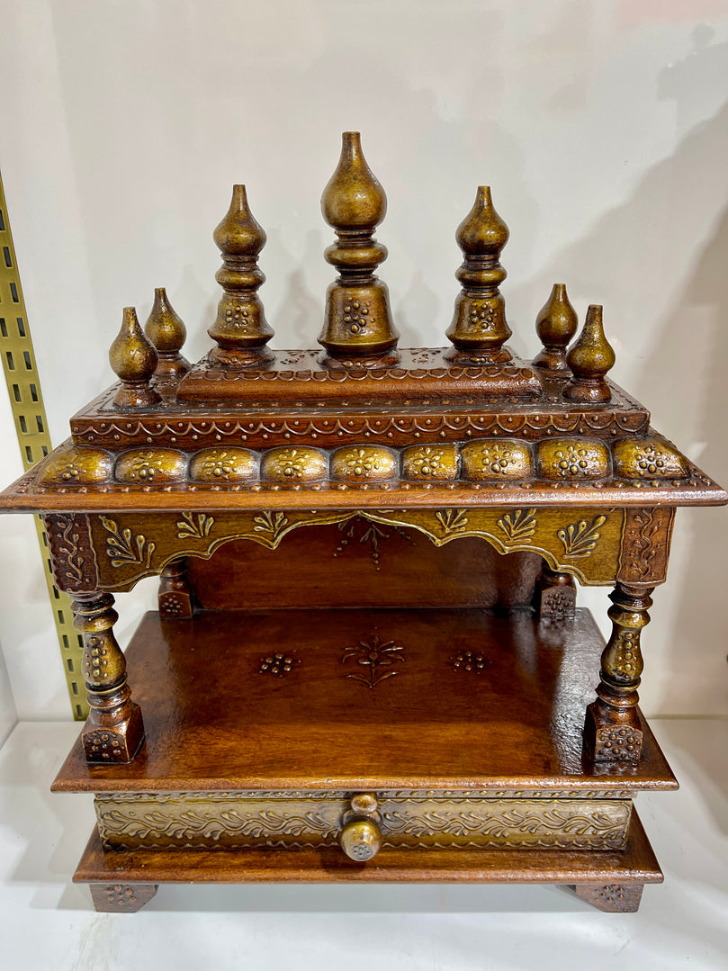 15"x8"x18" - Brown Wooden Mandir Temple Altar with Pull-Out Diya Tray, Storage Drawer & Wall Hanging Hooks