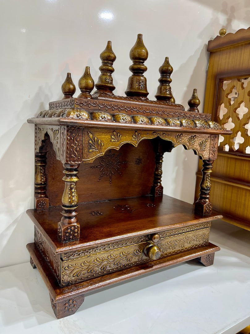 15"x8"x18" - Brown Wooden Mandir Temple Altar with Pull-Out Diya Tray, Storage Drawer & Wall Hanging Hooks