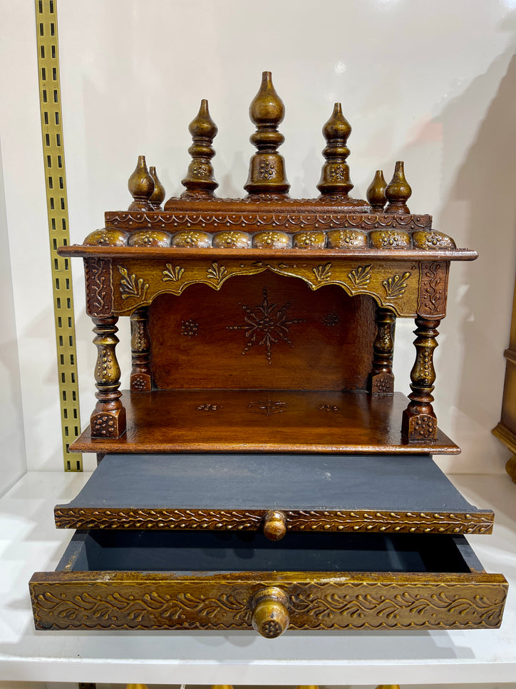 15"x8"x18" - Brown Wooden Mandir Temple Altar with Pull-Out Diya Tray, Storage Drawer & Wall Hanging Hooks