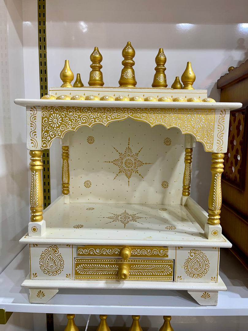 18”x12”x24” Wooden Mandir Indian Pooja Temple with Storage Drawer & Pull-Out Tray | Home Puja Mandap with Intricate Detailing