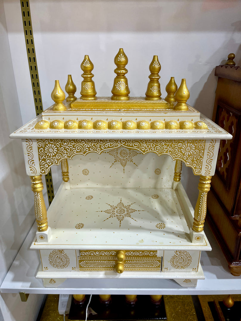 18”x12”x24” Wooden Mandir Indian Pooja Temple with Storage Drawer & Pull-Out Tray | Home Puja Mandap with Intricate Detailing